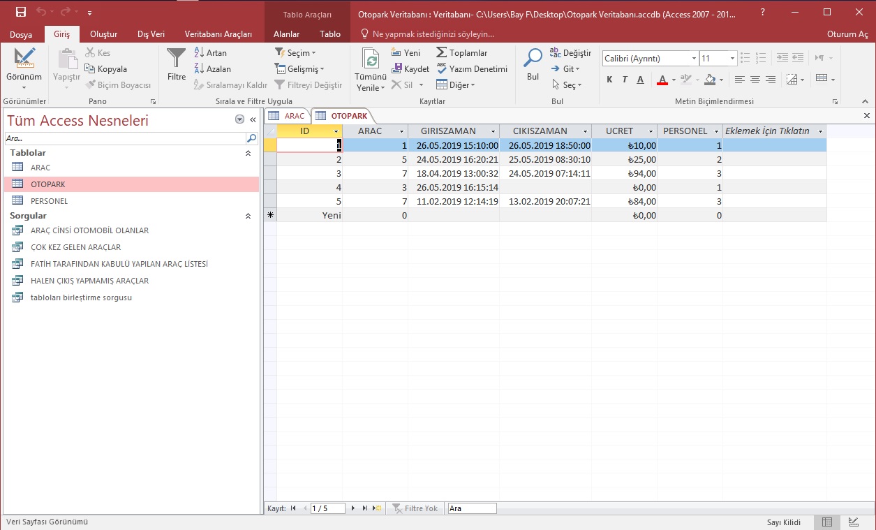 Otopark Veritabanı - 160805019 - Fatih Mehmet ERDEM